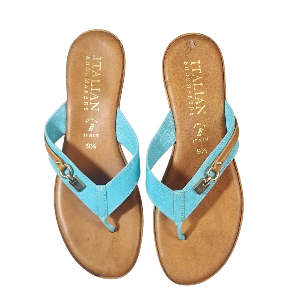 Italian Shoemakers Thong Sandals Womens 9.5 Turquoise Blue Wedge Made in Italy